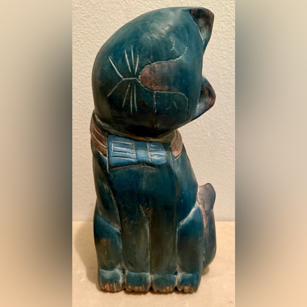 Carved wood cat made in Thailand. Blue 12.5”